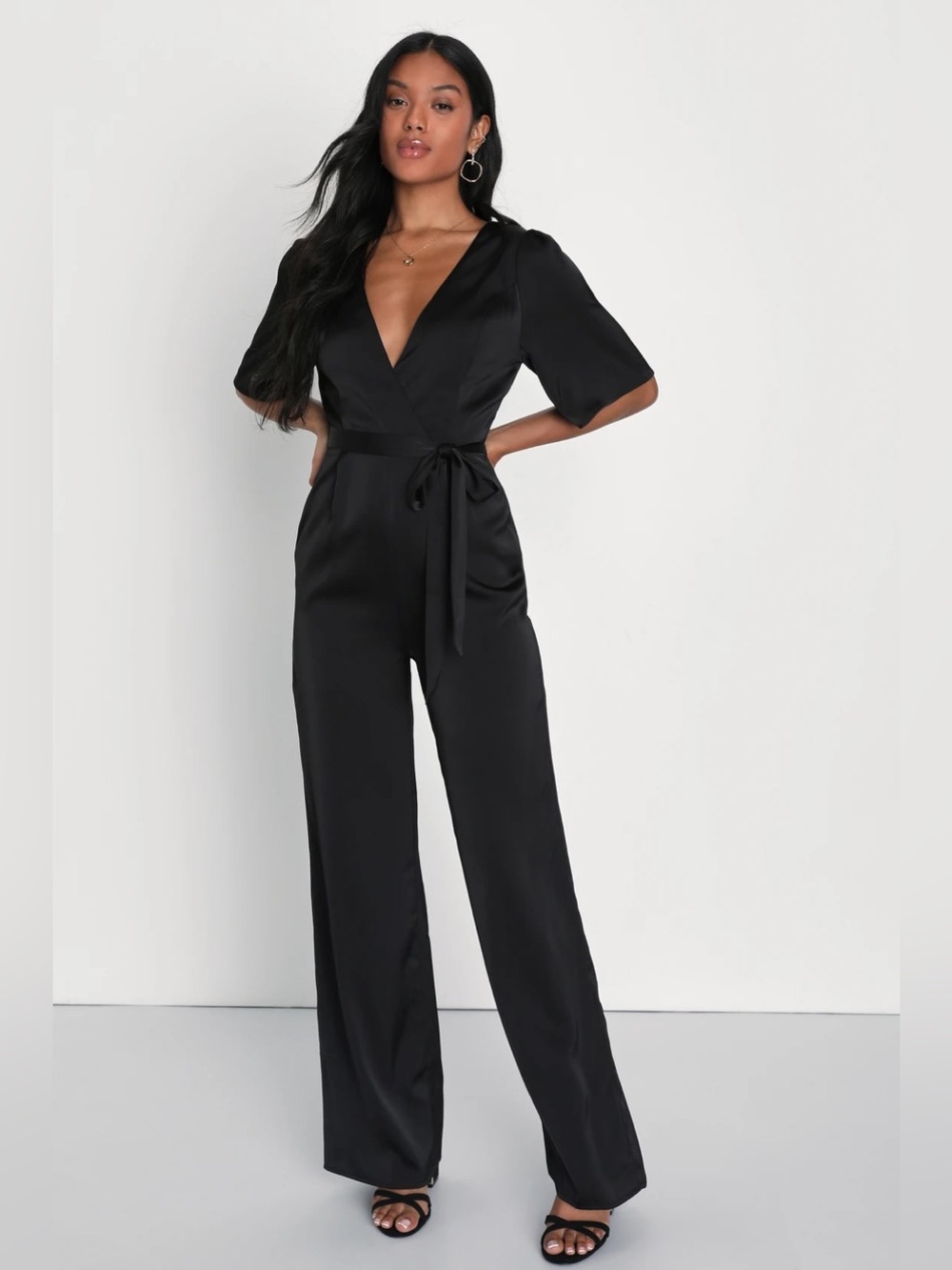Lulus Fabulous Class Black Satin Short Sleeve Wide-Leg Jumpsuit Size Extra Large